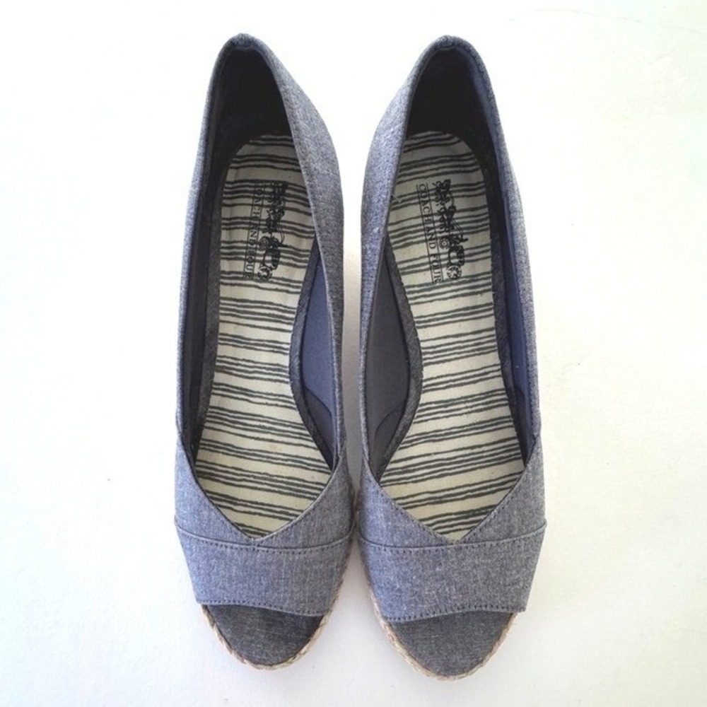 Coach and Four Blue Denim Peep Toe Espadrille Wedges Size 7.5 Career Capsule